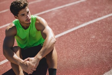 A man in a neon green top and dark shorts rests on a red track after exercising
