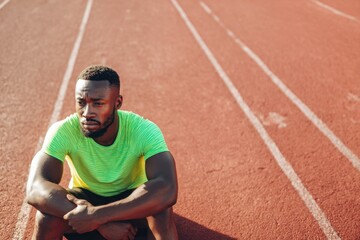 A man in a neon green top and dark shorts rests on a red track after exercising