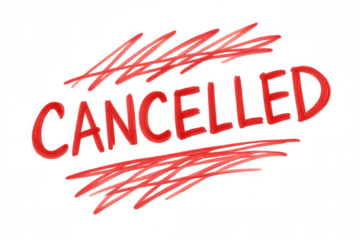 Cancelled text, handwritten in red, displaying across the image with diagonal lines over it. Transparent background