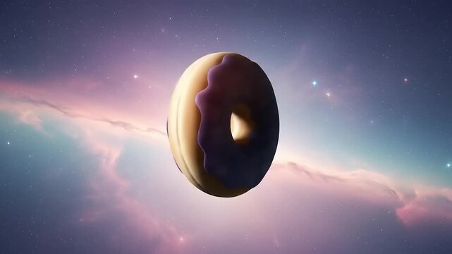 A surreal donut floating in a cosmic space background with vibrant colors and stars