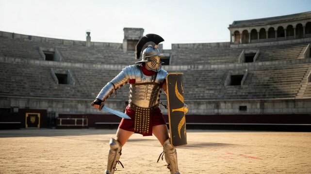 gladiator in shining silver armor and red tunic stands ready with sword and shield adorned with golden wings in vast empty ancient amphitheater with tiered stone seating and sandy ground
