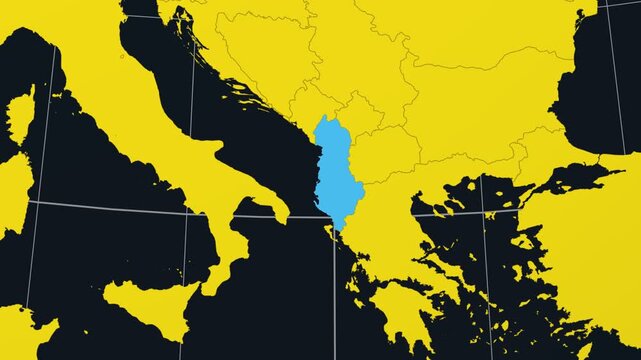 Albania map. Animated zoom into the country on the Globe in Charcoal Bright Yellow color palette. Country logo animation. Map with meridians, parallels. Neat video.
