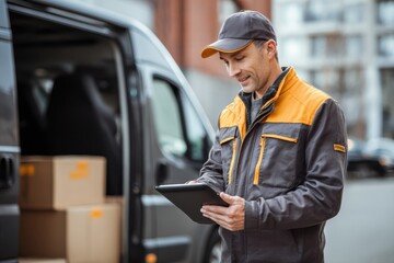 Uniformed young European courier outdoors with a parcel box and touchpad near a van