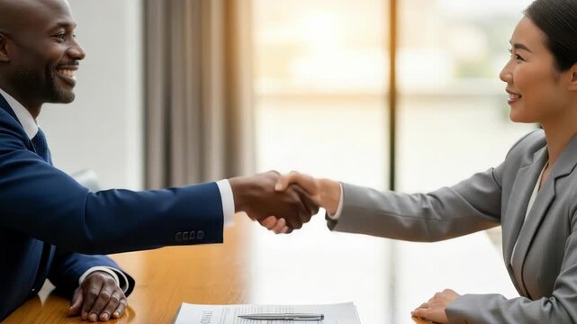 Two smiling professionals Black man in blue suit and an East Asian woman in grey suit shake hands across wooden table with contract and pen symbolizing successful agreement