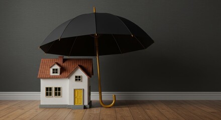 White miniature house under black umbrella for protection
