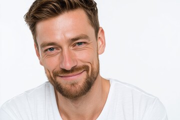 Obraz premium Portrait of a smiling confident German male model in a studio exuding happiness and positivity against a white background