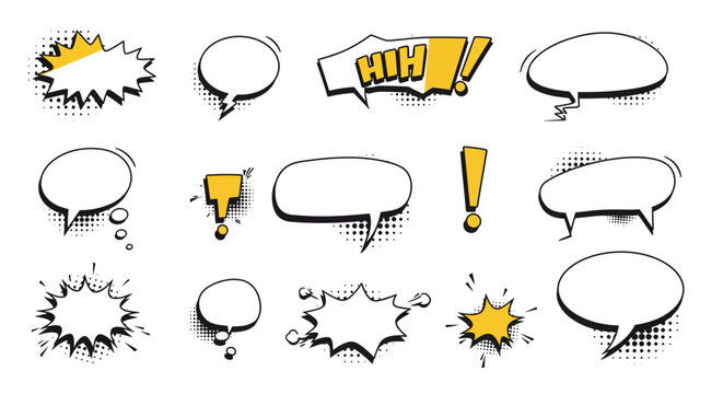 Comic bookstyle speech bubbles in various shapes and yellow highlighted sections with black outlines and halftone dots