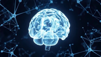 luminous transparent blue human brain glows brightly at the center of dark deep blue background surrounded by an intricate interconnected web of glowing neural network nodes and lines - Powered by Adobe