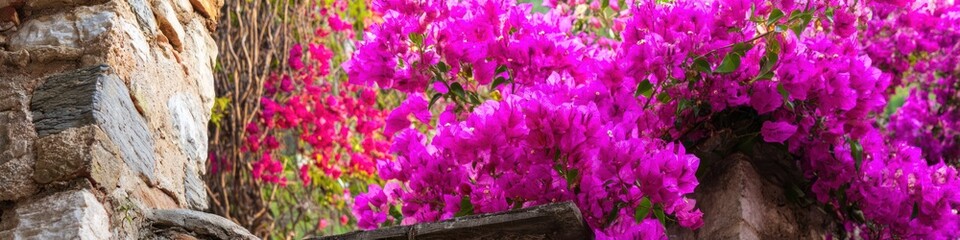 Fototapeta premium Vibrant purple bougainvillea flowers cascading from above against a stone wall