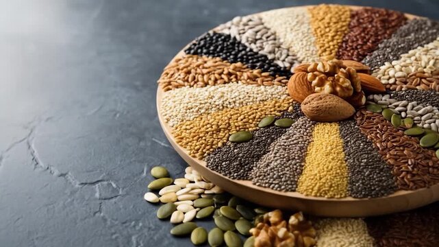 Assortment of seeds and nuts on wooden plate overhead shot food photography