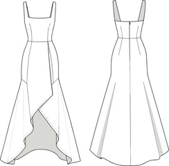 High low hem dress flat sketch, vector fashion illustration, CAD garment drawing, square neckline, fitted bodice, layered asymmetrical skirt design