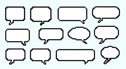 Pixelated speech bubbles in assorted shapes outlined in black on a light background