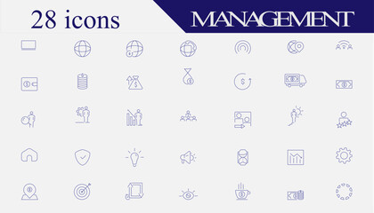 28 Business Management Icon Collection – Project Management, Teamwork, Corporate Planning, Office Tools, HR, Financial Services, Marketing, Operations & Customer Support Vector Icons Pack