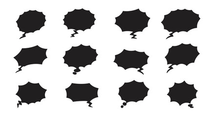 Set of 12 black comic speech bubbles with jagged edges and various tail designs on a white background