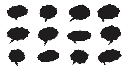 Twelve jaggededged black speech bubbles different shapes arranged in rows on a white background