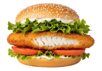 Crispy fish sandwich with lettuce and tomato isolated on a transparent background