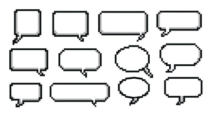 Twelve pixelated speech bubbles are arranged on a white background