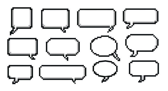 Twelve pixelated speech bubbles are arranged on a white background