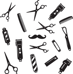 Barber shop tools and mustache graphic elements scissors