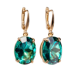 Elegant gold earrings with oval green gemstones isolated on transparent background