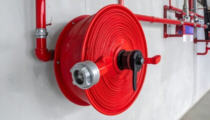 Red fire hose reel mounted on a wall