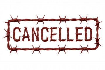 Barbed wire forming word cancelled framed in spikes symbolizing cancel culture and restriction on transparent background