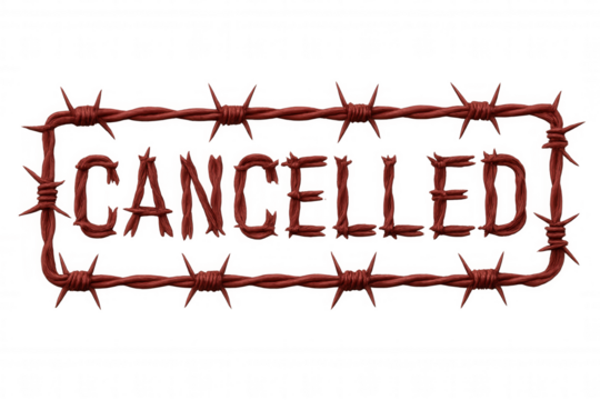 Barbed wire forming word cancelled framed in spikes symbolizing cancel culture and restriction on transparent background - Powered by Adobe