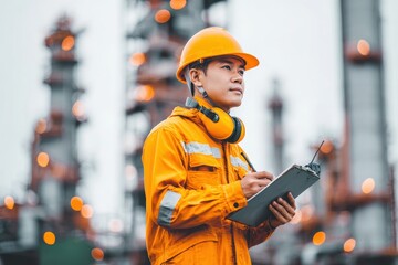 Uniformed engineers inspecting the green print project and communication with radios at a refinery construction site