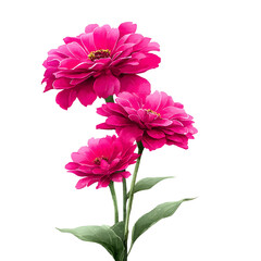 Vibrant pink zinnia flowers against a transparent background for graphic design