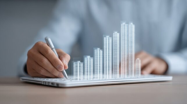 Business professional analyzing data trends with digital graph overlay on laptop, demonstrating financial growth analysis and strategic planning concepts