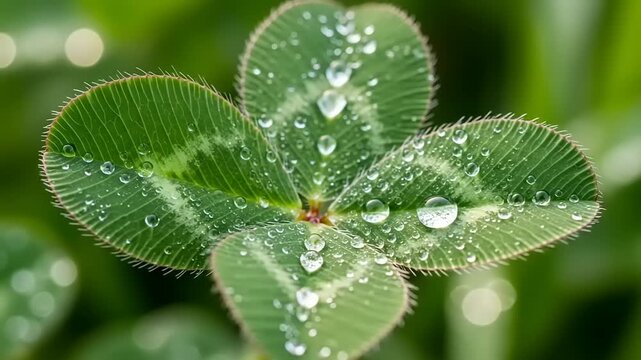 Close-up of a vibrant green four-leaf clover covered in glistening morning dew drops, symbolizing luck and freshness.