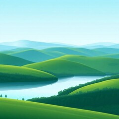 Rolling Hills and Serene Lake: An aerial perspective unveils a vibrant landscape of rolling green hills converging with a tranquil lake under a clear blue sky.