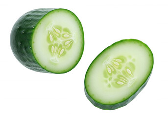 Green cucumber slices on black isolated on a transparent background