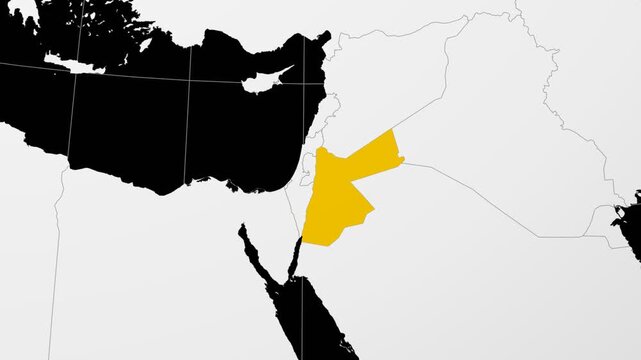 Jordan map. Animated zoom into the country on the Globe in Black White color palette. Country logo animation. Map with meridians, parallels. Alive video.