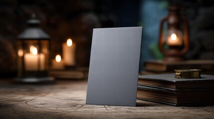 Blank slate gray card on rustic map print desk with vintage compass and warm candlelight for world thinking day