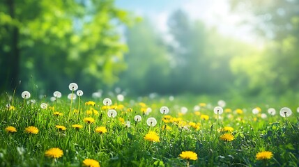 Fototapeta premium Wild Dandelions and Yellow Flowers on Green Meadow at Sunny Spring Season