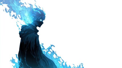 Silhouetted figure in dark cloak surrounded by ethereal blue flames, staring intensely
