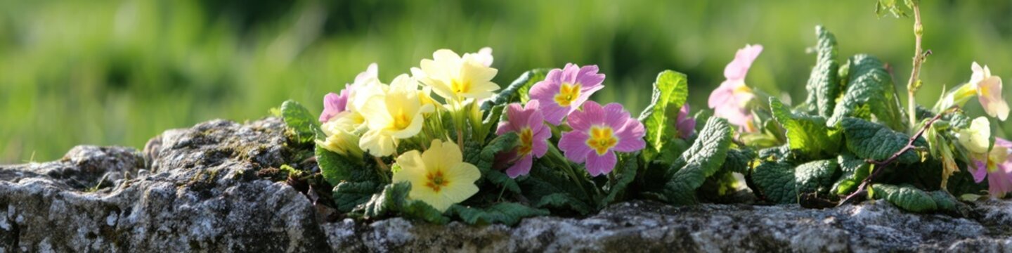 Close up of colorful primroses blooming on a weathered stone surface against green background