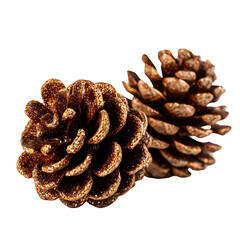 Two decorative pine cones with glitter on transparent background