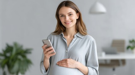 Smiling pregnant woman using smartphone in bright indoor space, modern decor, expectant mother, technology, healthy lifestyle, natural light, relaxation