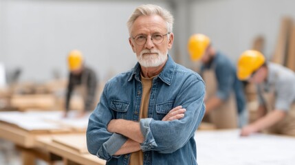 Senior carpenter in denim jacket poses confidently in workshop with workers in background focused on wood projects and wearing safety helmets