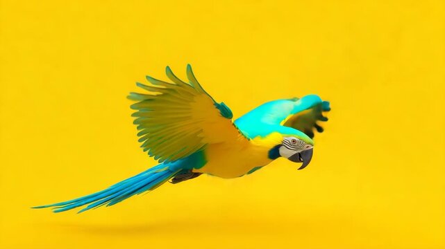 Colorful parrot flying against a bright yellow background