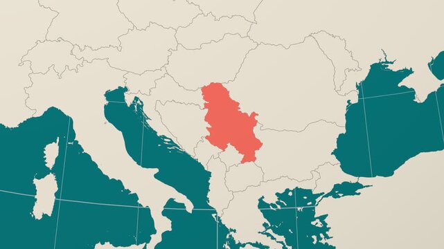 Serbia map. Animated zoom into the country on the Globe in Teal Pale Mint color palette. Country logo animation. Map with meridians, parallels. Artistic video.