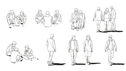 CAD Drawings Set – People Outlines Walking, Standing, Isolated on White Background Vector Illustration AI EPS PNG