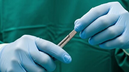 A simple yet precise surgical scalpel held firmly by a skilled medical professional in sterile blue gloves, ready for a delicate procedure in a clinical healthcare setting
