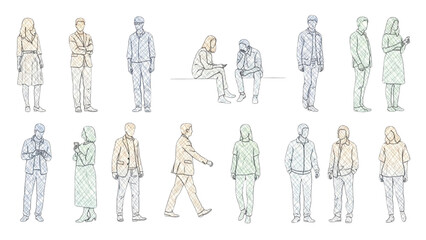Obraz na płótnie Canvas CAD Drawings Set – People Outlines Walking, Standing, Isolated on White Background Vector Illustration AI EPS PNG
