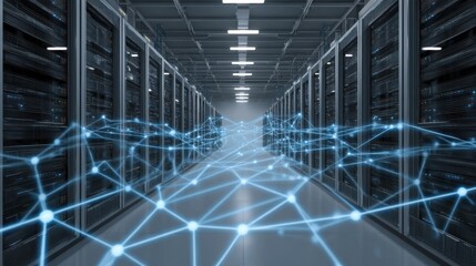 Futuristic Data Center with Network Connections and High-Tech Server Racks in a Modern Digital Environment