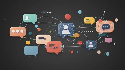 Colorful digital communication icons and speech bubbles interconnected on a dark background - Powered by Adobe