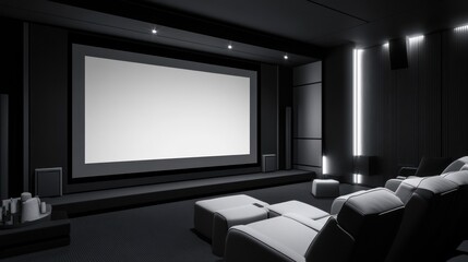 Sleek monochrome home theater with a large projector screen, modern recliners, and dim lighting.