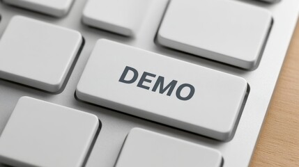 Close-up of a computer keyboard featuring a prominent key labeled "DEMO," symbolizing technology, software, and user interface experience in modern computing